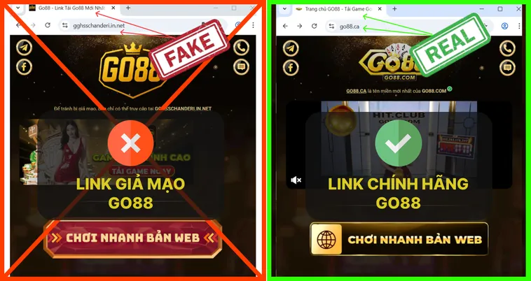 Đừng Biến Mình Thành Gà Mờ Với Cách Phân Biệt Website Go88 Thật Và Giả 3 Logo trang chủ Go88.com thật sắc nét, tông vàng kim chuẩn, trong khi logo giả thường mờ và lệch màu.