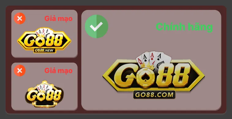 Đừng Biến Mình Thành Gà Mờ Với Cách Phân Biệt Website Go88 Thật Và Giả 2 Logo trang chủ Go88.com thật sắc nét, tông vàng kim chuẩn, trong khi logo giả thường mờ và lệch màu.